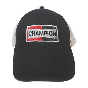 Vintage CHAMPION SPARK PLUGS Hat Snapback Trucker Hat Classic Cap Black Red Mesh